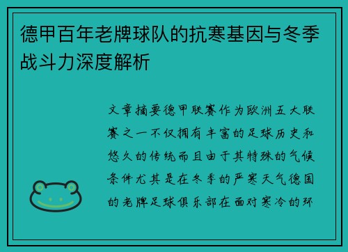 德甲百年老牌球队的抗寒基因与冬季战斗力深度解析