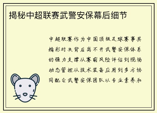 揭秘中超联赛武警安保幕后细节