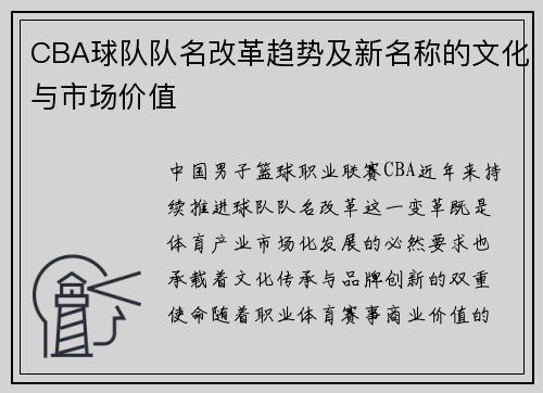 CBA球队队名改革趋势及新名称的文化与市场价值