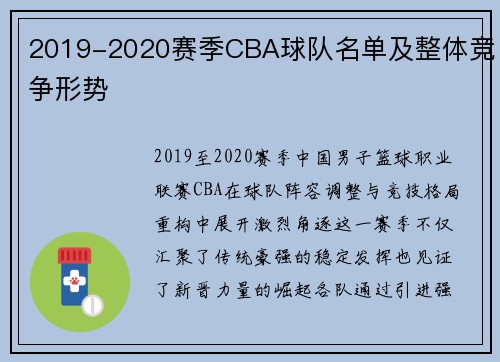 2019-2020赛季CBA球队名单及整体竞争形势